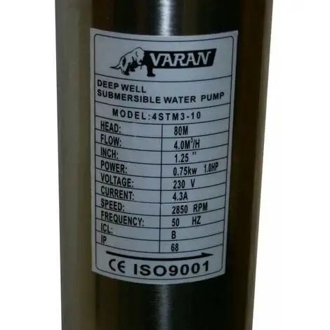 Varan Motors - 4STM3-10 Pompe à Eau Immergée Pour Puits Profonds Et Forage, 4m³/h - 80m, 750Watt - Gris 3 Varan Motors - 4STM3-10 Pompe à Eau Immergée Pour Puits Profonds Et Forage, 4m³/h - 80m, 750Watt - Gris – Image 3